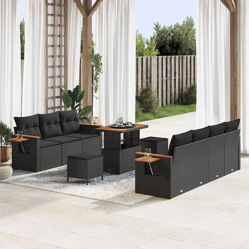 vidaXL Σετ Καναπέ Κήπου με μαξιλάρι 10 pcs Μαύρο Πολυ ράταν