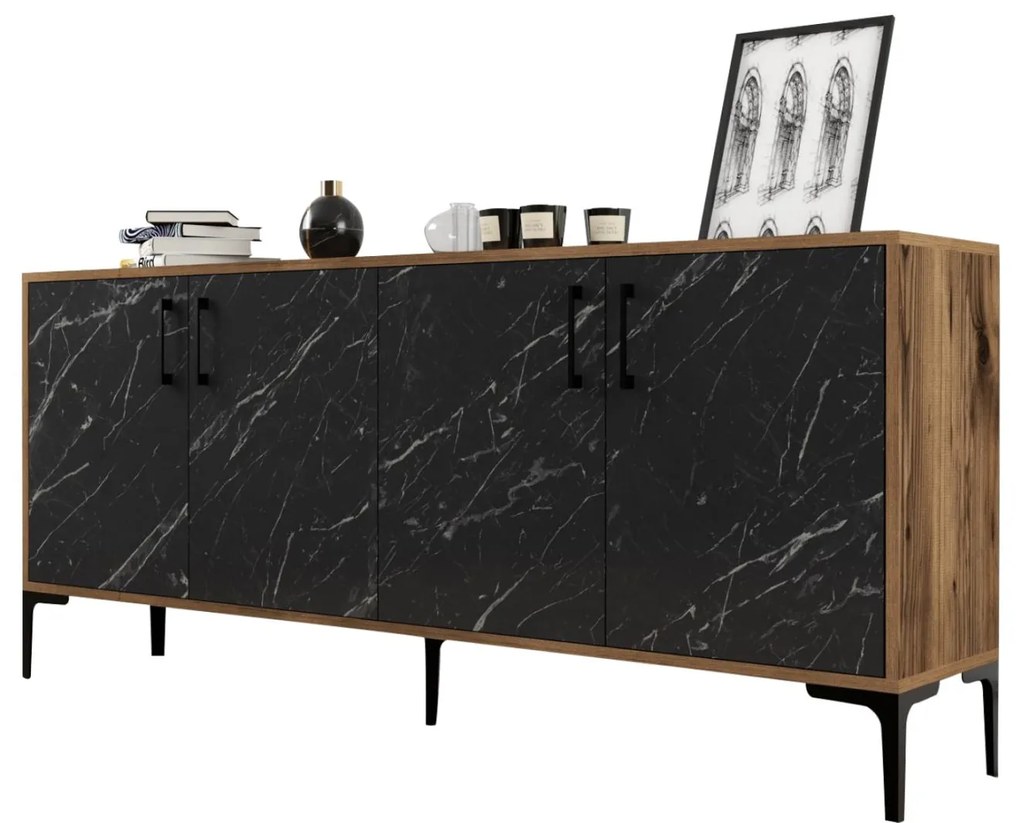Μπουφές C9428.03 Μελαμίνης Καρυδί και Όψη Μαύρο Μάρμαρο 180x35x78Υεκ. 180x35x78 εκ.