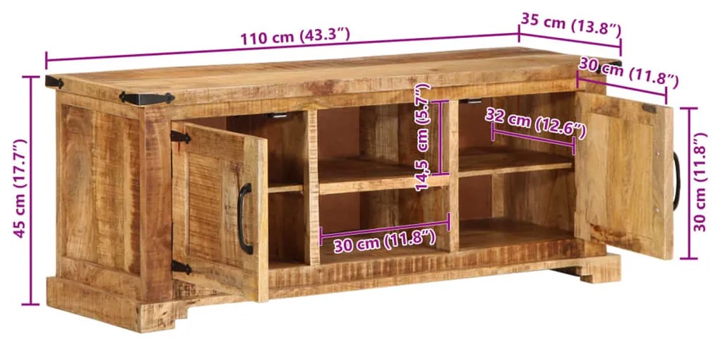 Έπιπλο Τηλεόρασης 110x35x45 εκ. Ακατέργαστο Μασίφ Ξύλο Μάνγκο - Καφέ