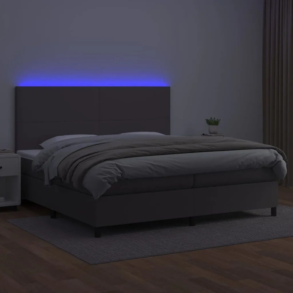 Κρεβάτι Boxspring με Στρώμα &amp; LED Γκρι 200x200 εκ. Συνθ. Δέρμα - Γκρι