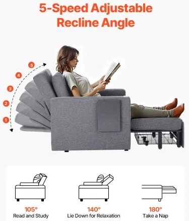 VEVOR Sleeper Sofa Bed with Side Pocket Pillow Desk Board 5 Adjustable Backrest