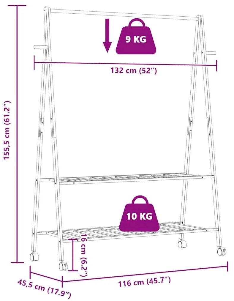 Ράφι ρούχων με ράφια και ρόδες 132x45,5x155,5 εκ.Μπαμπού - Καφέ