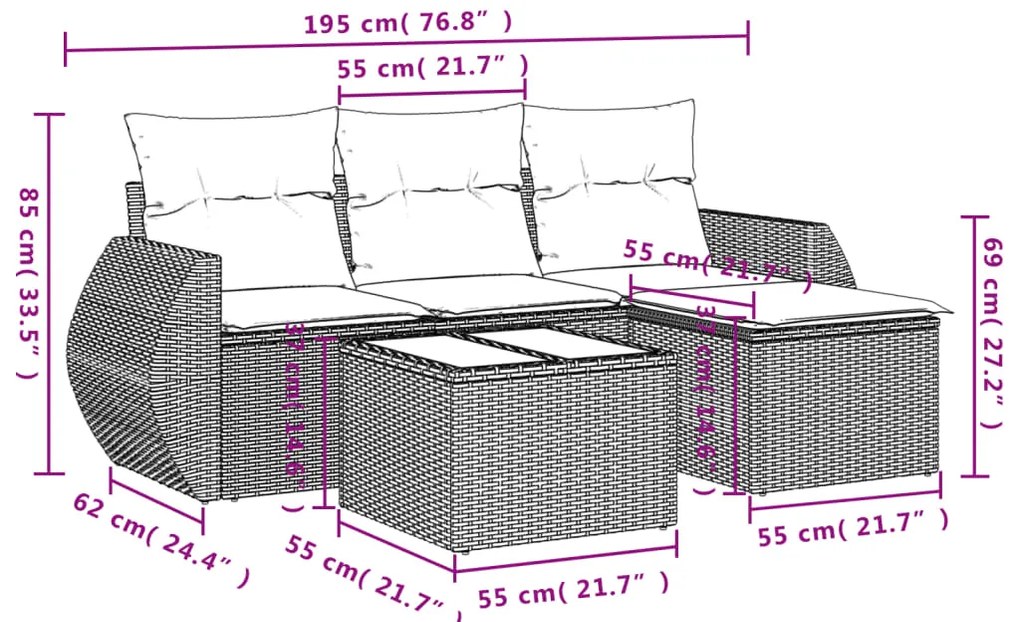 vidaXL Σαλόνι Κήπου Σετ 5 Τεμαχίων Καφέ Συνθετικό Ρατάν με Μαξιλάρια