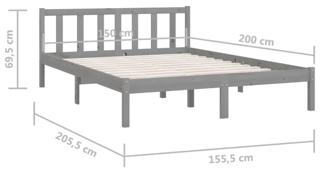 Πλαίσιο Κρεβατιού Γκρι 150 x 200εκ. Μασίφ Ξύλο Πεύκου King Size - Γκρι