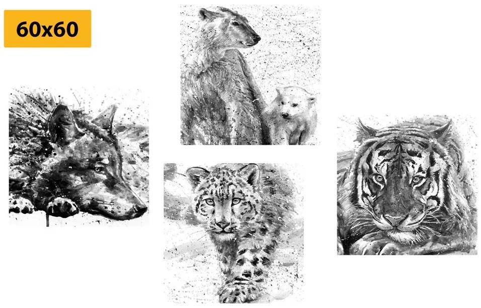 Σετ από εικόνες ζώων σε ασπρόμαυρο σχέδιο ακουαρέλας