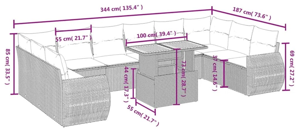 vidaXL Σαλόνι Κήπου 11 Τεμαχίων Γκρι από Συνθετικό Ρατάν με Μαξιλάρια