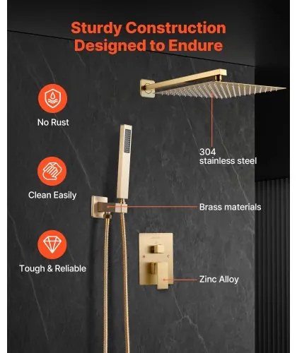 VEVOR Shower Faucet Set 10&quot; Square Rain Shower Head and Hand Set Brushed Gold