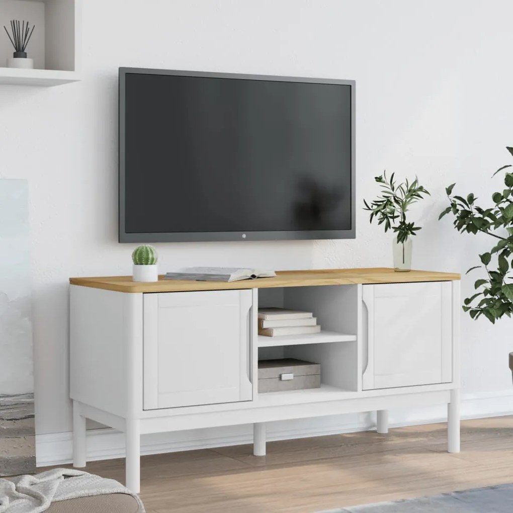 vidaXL Έπιπλο Τηλεόρασης FLORO Λευκό 114x43x55εκ από Μασίφ Ξύλο Πεύκου