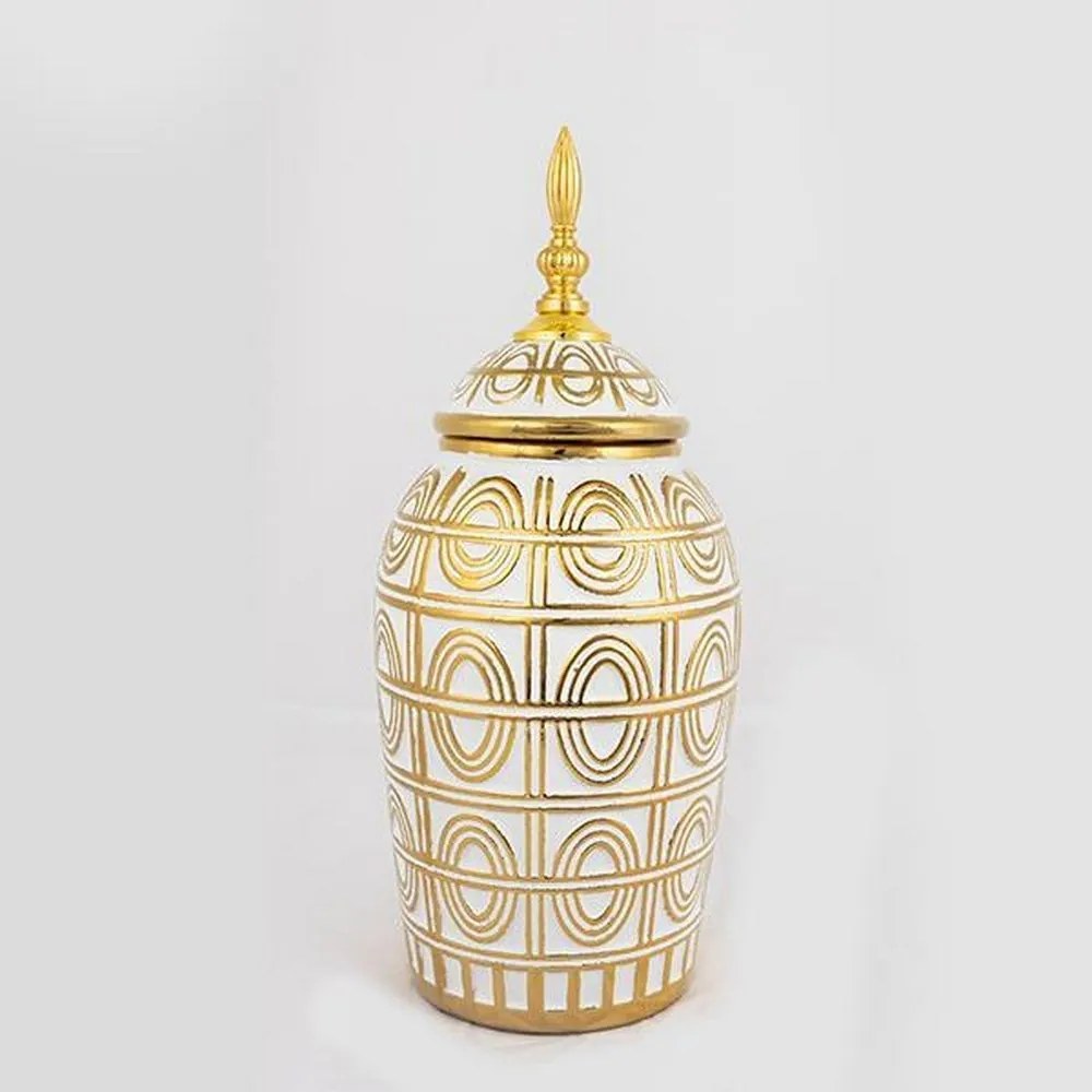 Βάζο Διακοσμητικό Με Καπάκι 752-20038 15x15x35,2cm White-Gold Estheti Home Κεραμικό