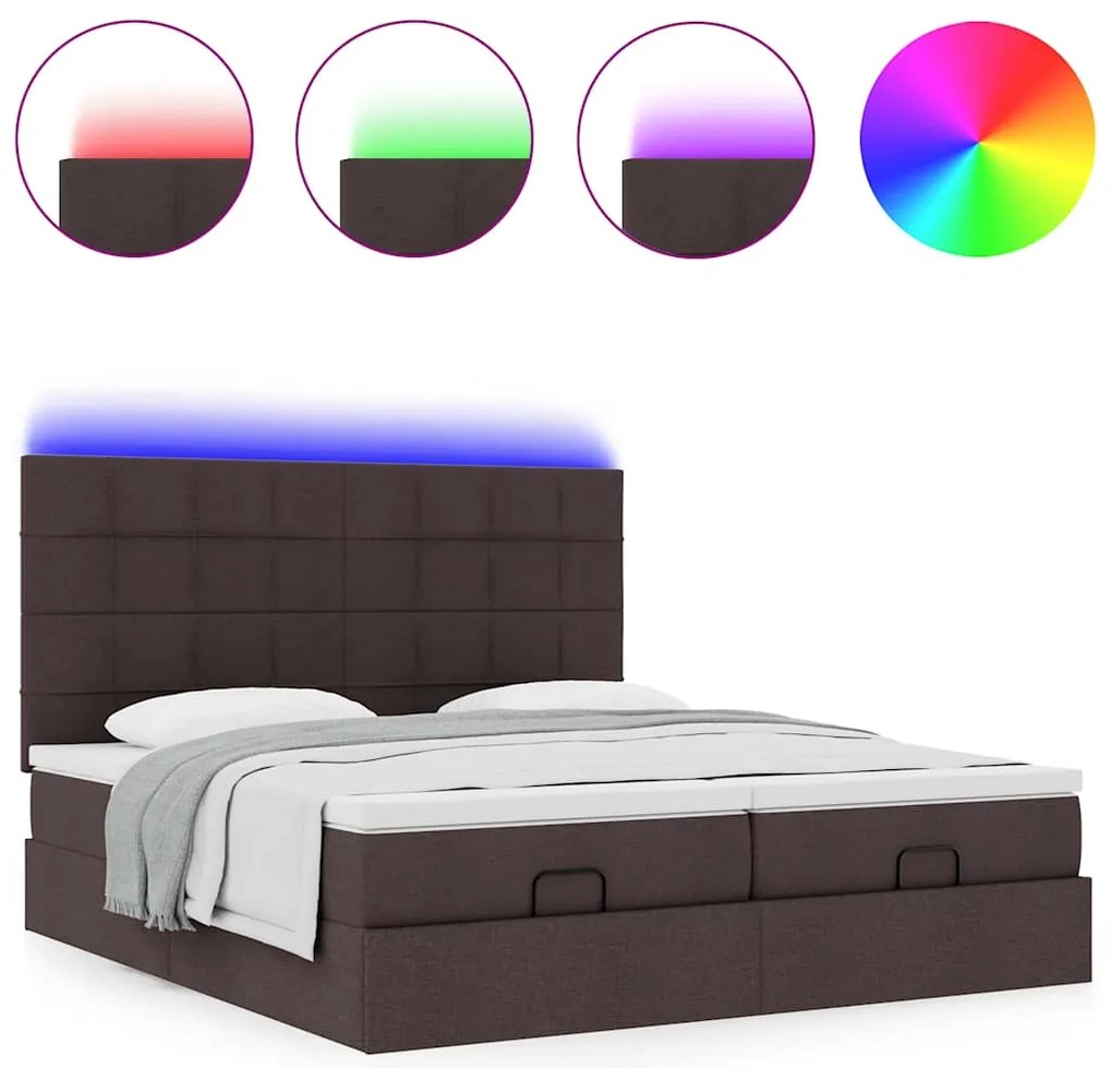 vidaXL Οθωμανικό κρεβάτι με στρώματα&LEDs Σκούρο καφέ 200x200cm ύφασμα