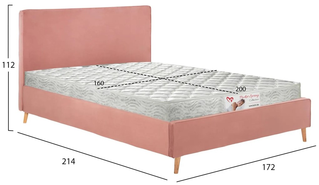 Επενδυμένο Κρεβάτι με Στρώμα INDRA Διπλό Βελούδο Σάπιο Μήλο 160x200εκ. 172x214x112 εκ.