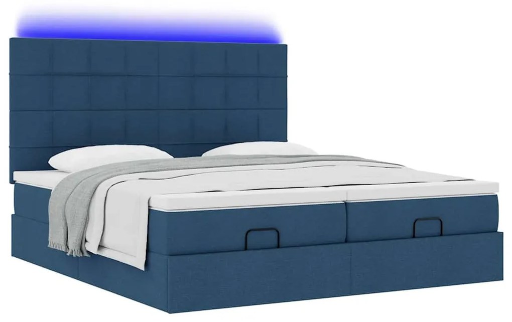 vidaXL Οθωμανικό κρεβάτι με στρώματα & LEDs Μπλε 200x200cm ύφασμα