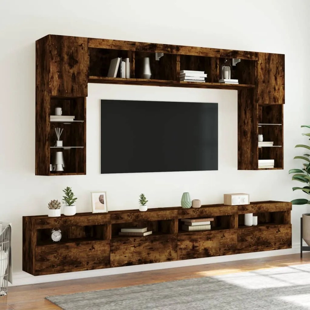 vidaXL Ντουλάπια Τηλεόρασης Τοίχου 8 τεμ. με Φώτα LED Καπνιστή Δρυς