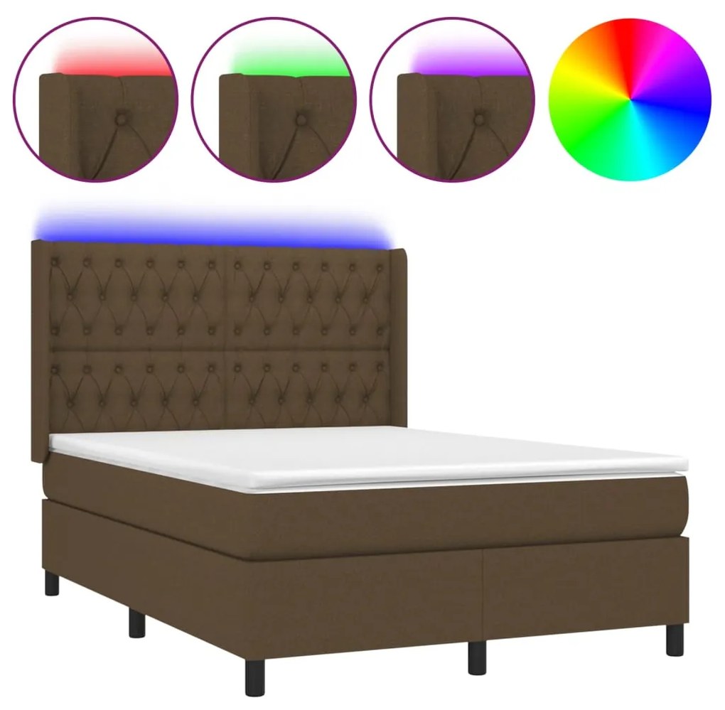 Κρεβάτι Boxspring με Στρώμα &amp; LED Σκ.Καφέ 140x200 εκ Υφασμάτινο - Καφέ