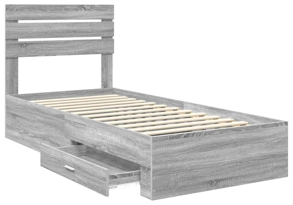 vidaXL Σκελετός Κρεβατιού με συρτάρι Γκρι Σονομά και Ασημί 75 x 190 cm