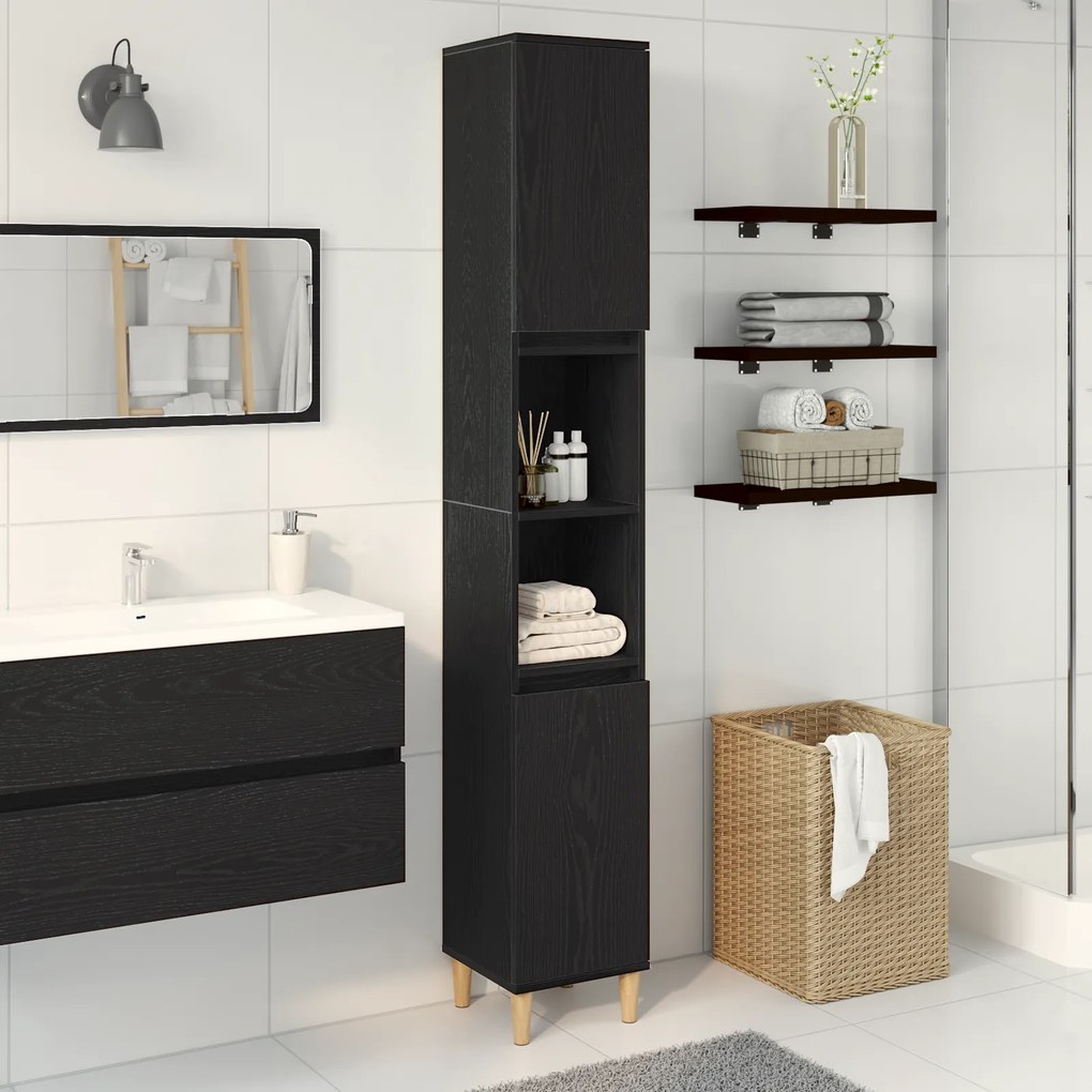 vidaXL Ντουλάπι Μπάνιου Μαύρο Δρυς 30x30x190 εκ Επεξεργασμένο Ξύλο