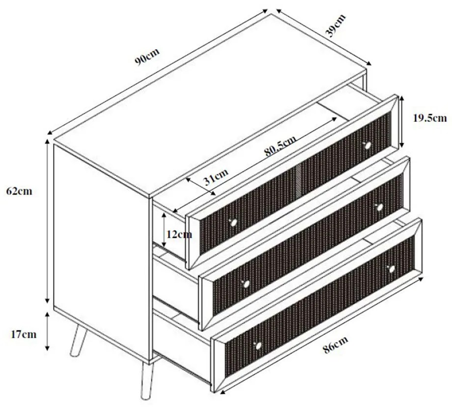 AMMOS ΚΟΜΟΤΑ 3ΣΥΡΤΑΡΙΑ ΦΥΣΙΚΟ ΜΕ RATTAN 90x39xH79cm - 09-1234 - 09-1234