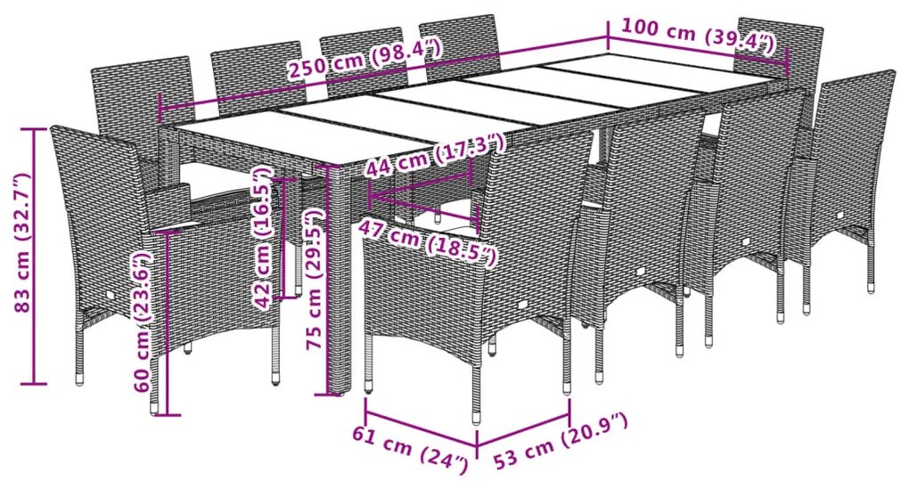 vidaXL Σετ Τραπεζαρίας Κήπου 11τεμ. Μπεζ Συνθ.Ρατάν/Γυαλί με Μαξιλάρια
