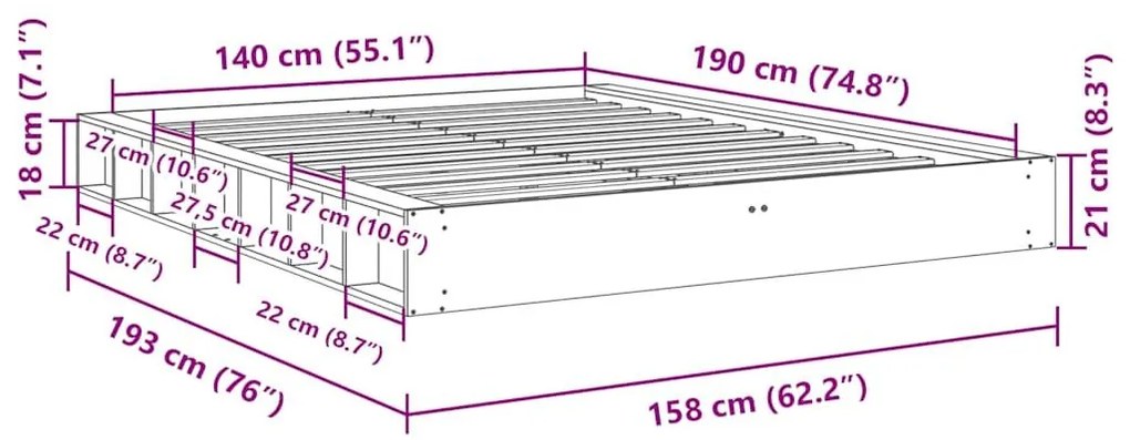 Πλαίσιο κρεβατιού χωρίς στρώμα 140x190 cm μασίφ ξύλο δρυς - Καφέ