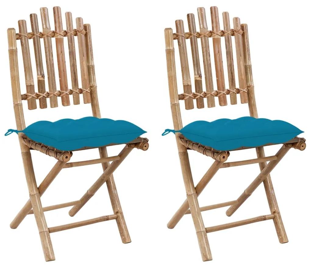 Καρέκλες Κήπου Πτυσσόμενες 2 τεμ. από Μπαμπού με Μαξιλάρια - Μπλε