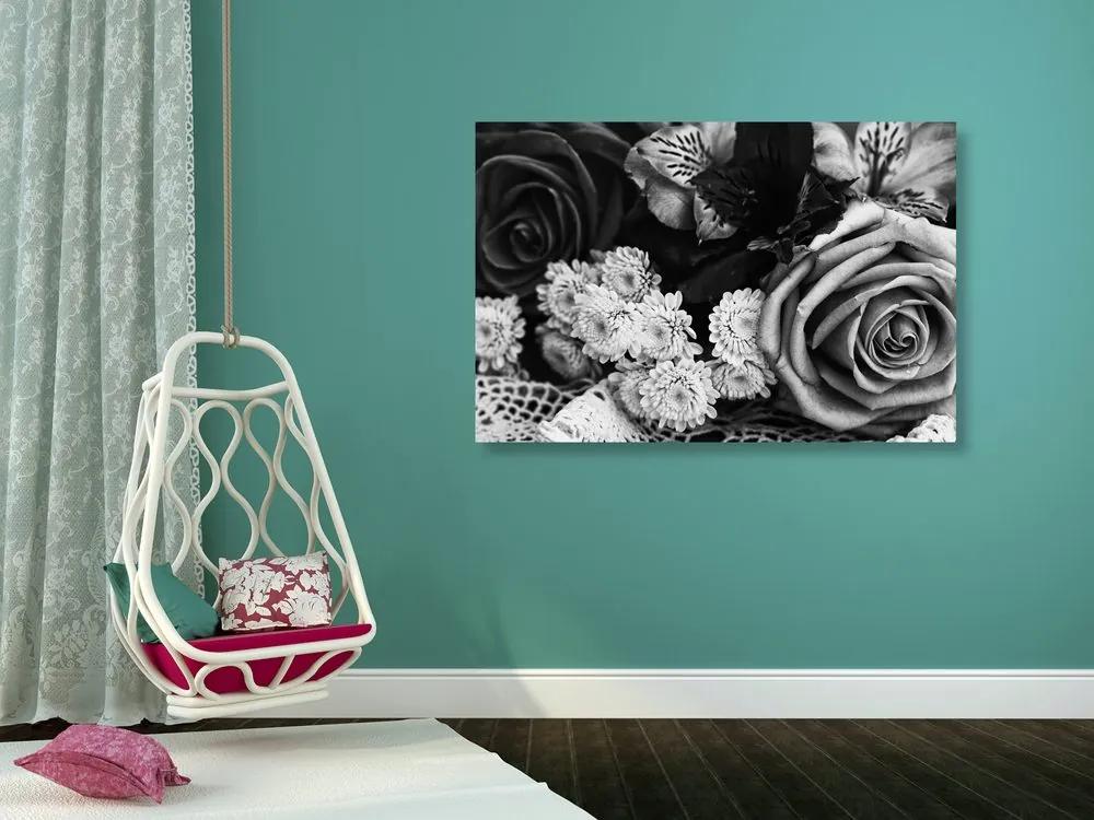 Εικόνα ρετρό μπουκέτο με τριαντάφυλλα σε ασπρόμαυρο σχέδιο - 120x80