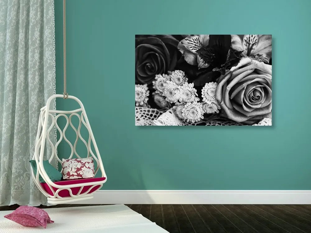 Εικόνα ρετρό μπουκέτο με τριαντάφυλλα σε ασπρόμαυρο σχέδιο - 60x40