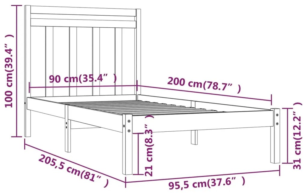 vidaXL Πλαίσιο Κρεβατιού 90 x 200 εκ. από Μασίφ Ξύλο