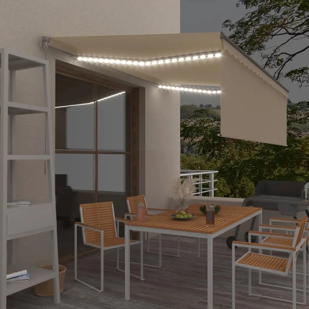 vidaXL Τέντα Συρόμενη Χειροκίνητη με Σκίαστρο & LED Κρεμ 4 x 3 μ.