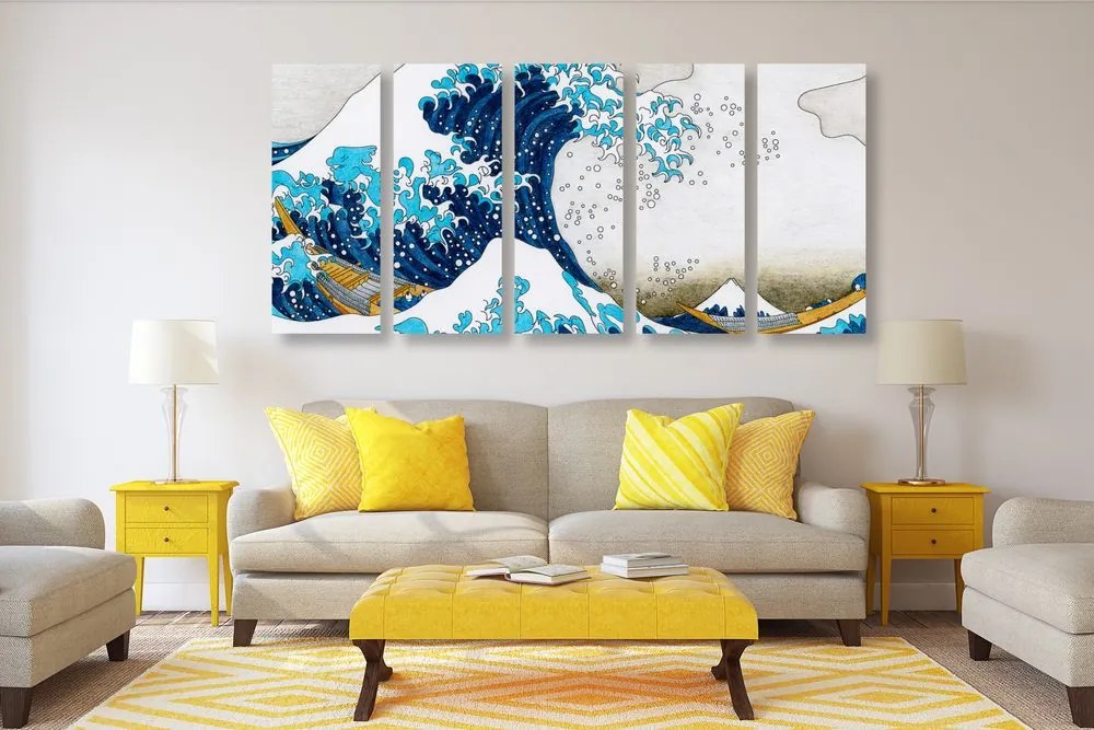 Αναπαραγωγή εικόνας 5 μερών The Great Wave από την Kanagawa Hokusai - 100x50