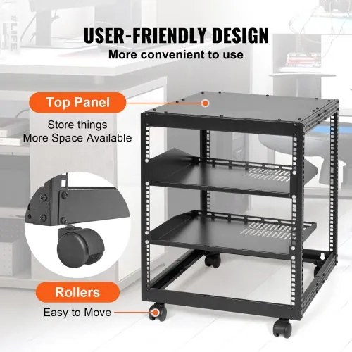 VEVOR 12U Open Frame Server Rack, 15&#039;&#039;-40&#039;&#039; Adjustable Depth, Free Standing or Wall Mount Network Server Rack, 4 Post AV Rack with Casters, Holds All Your Networking IT Equipment AV Gear Router Modem