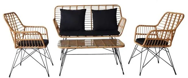 WOODWELL SALSA MAX Living Set Κήπου 4 τεμαχίων, Μέταλλο Βαφή Μαύρο, Wicker Φυσικό, Μαξιλάρια Μαύρο 106x55x45-147x70x105-65x67x96 Ε285,S