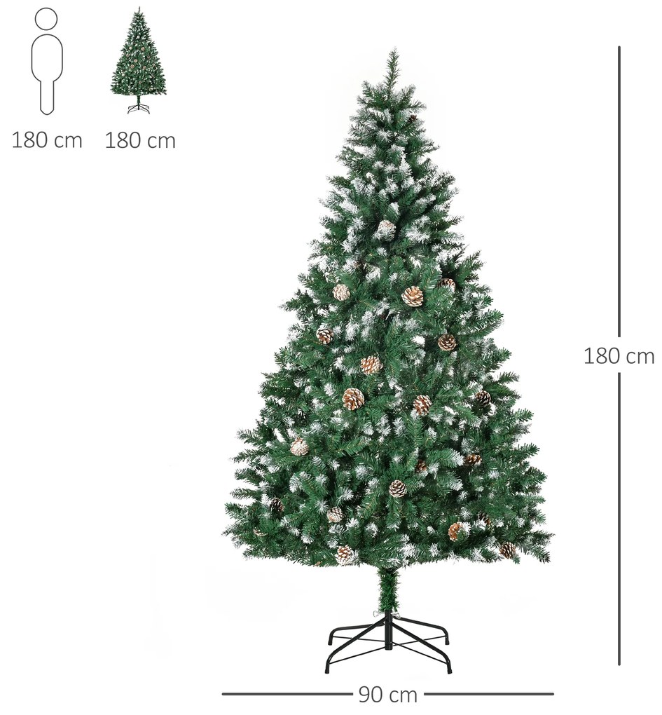 HOMCOM Τεχνητό Χριστουγεννιάτικο Δέντρο 180 εκ. Πεύκο Τεχνητό με 59 Κουκουνάρια, Χιόνι, 1111 Κλαδιά για Εσωτερικό Χώρο