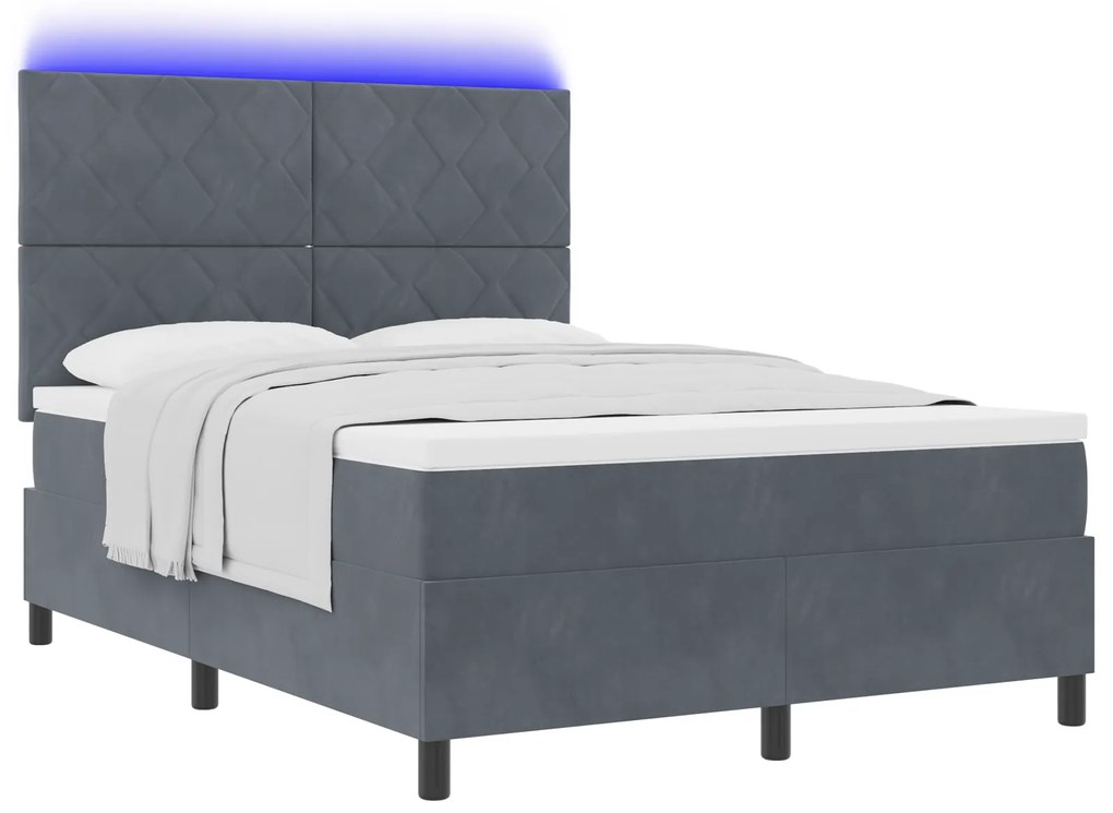 vidaXL Κρεβάτι Box Spring με Στρώμα & LED σε Σκούρο Γκρι 140x190 εκ. Βελούδο