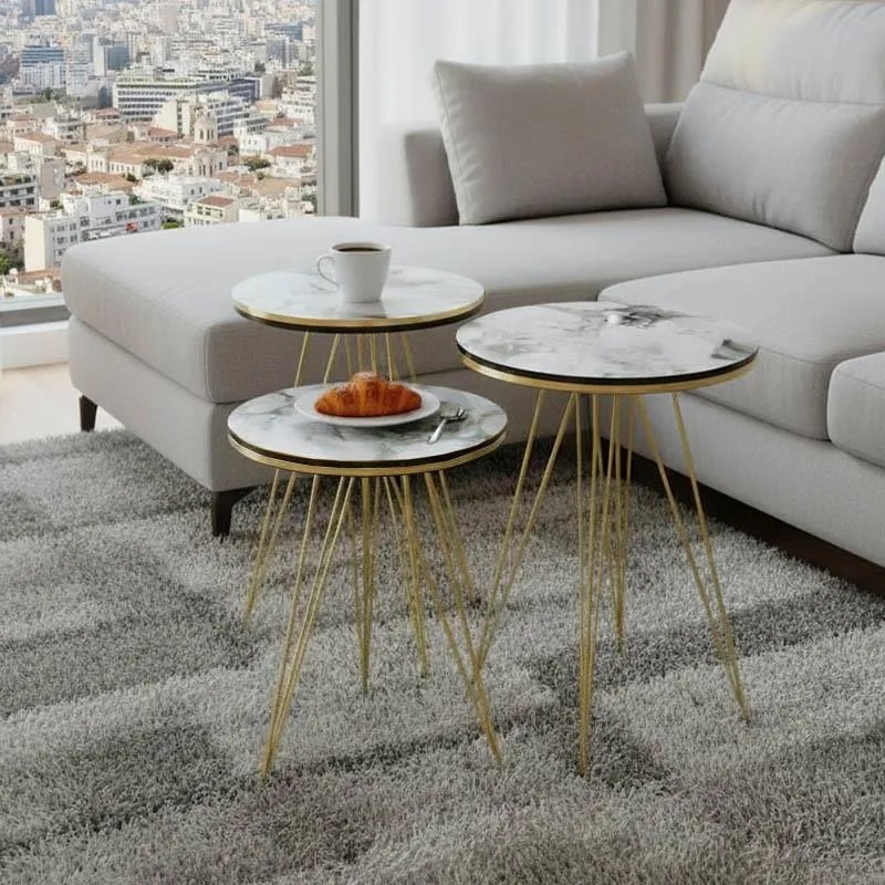 Τραπεζάκια σαλονιού Βοηθητικά Wakmi σετ 3 τεμ. σε λευκό μπεζ μάρμαρο μελαμίνη - χρυσό μέταλλο 33x33x55 εκ.