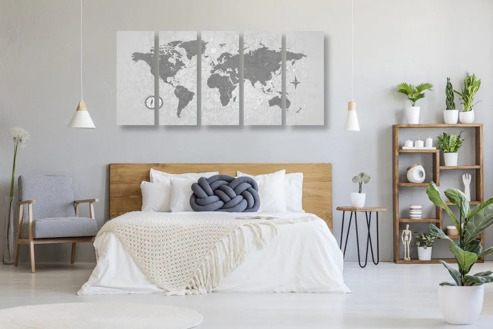 Χάρτης με 5 μέρη εικόνας του κόσμου με πυξίδα σε ρετρό στυλ σε ασπρόμαυρο