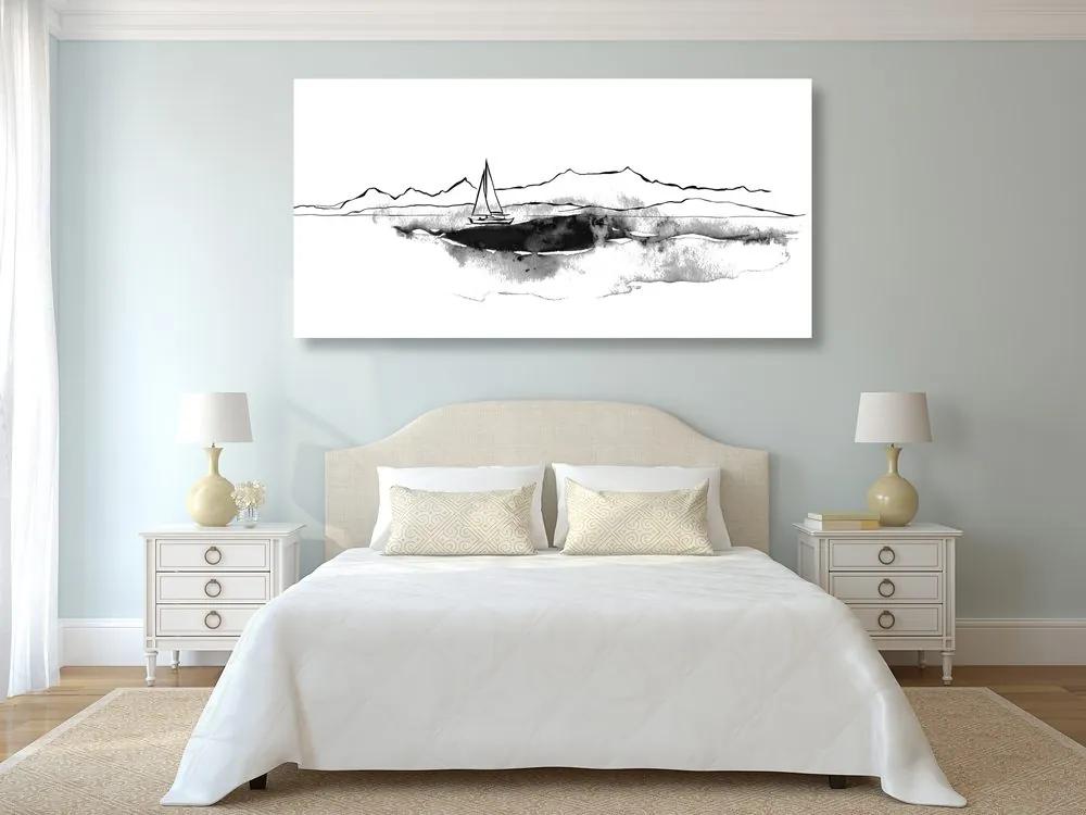Εικόνα ενός γιοτ στη θάλασσα σε ασπρόμαυρο - 100x50