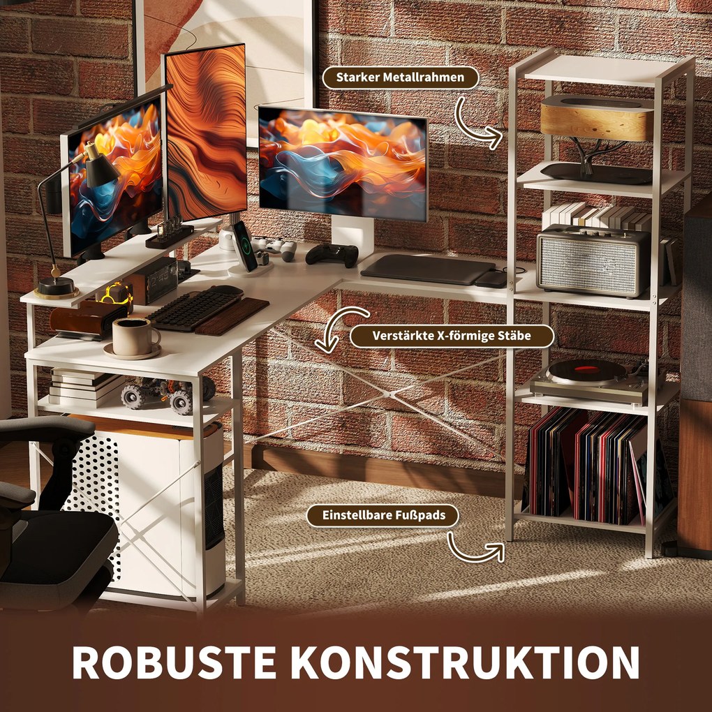 HOMCOM Γραφείο σε σχήμα L με σταθμό φόρτισης, γωνιακό γραφείο υπολογιστή με βάση οθόνης και ράφια, για οικιακό γραφείο, γραφείο, Λευκό