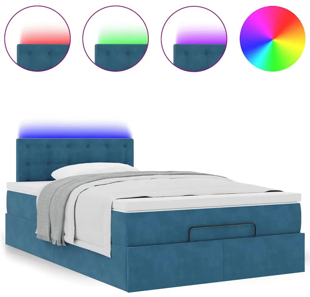 vidaXL Οθωμανικό κρεβάτι με στρώμα&LEDs Σκούρο μπλε 120x200cm Βελούδο