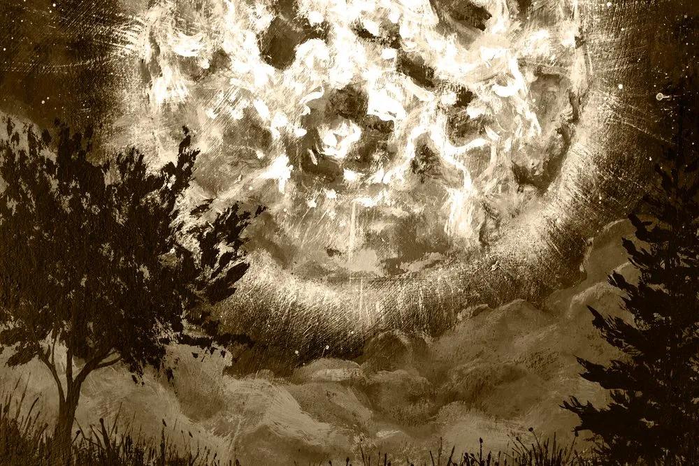 Εικόνα ενός φωτεινού φεγγαριού στον νυχτερινό ουρανό στη σέπια