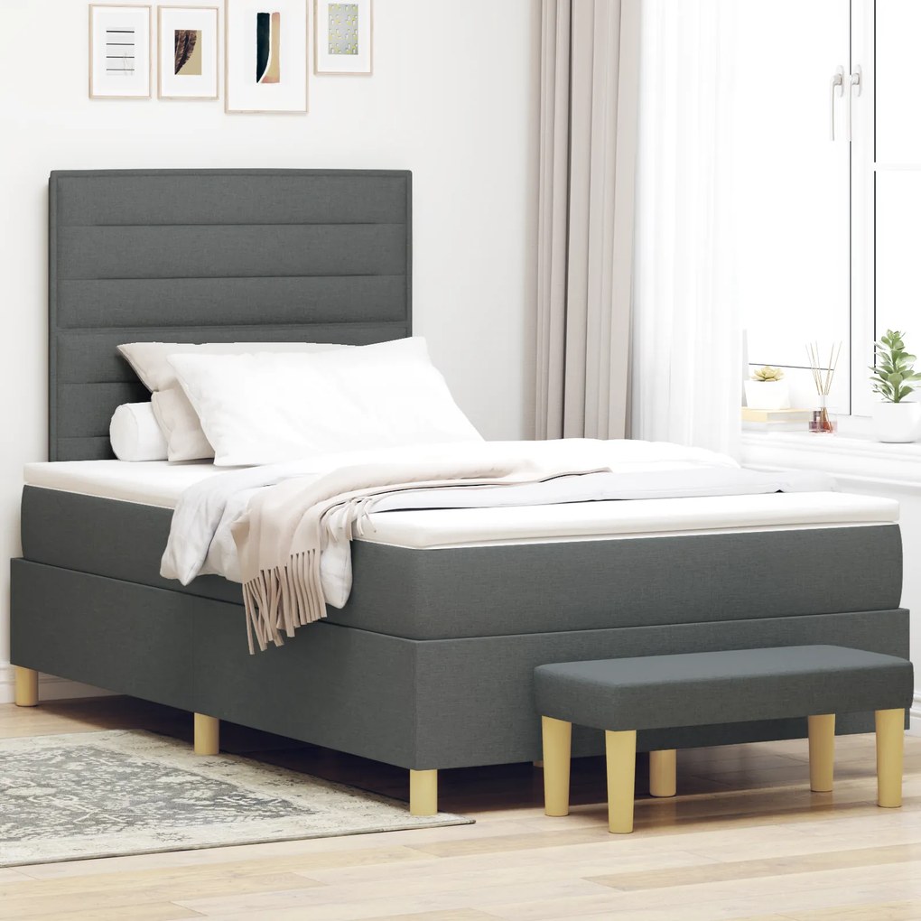 vidaXL Κρεβάτι Box Spring με Στρώμα & Πάγκο Σκούρο Γκρι 120x190 εκ Ύφασμα