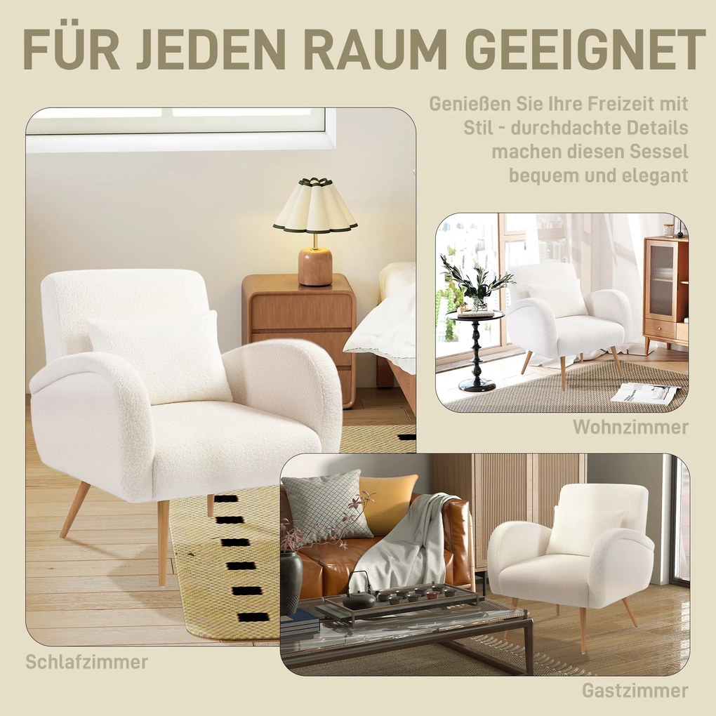HOMCOM Πολυθρόνα με επένδυση, κάλυμμα fleece, πολυθρόνα με μπράτσα και μαξιλάρι οσφυϊκής χώρας, μεταλλικά πόδια, πολυθρόνα ανάγνωσης, κρεμ λευκό
