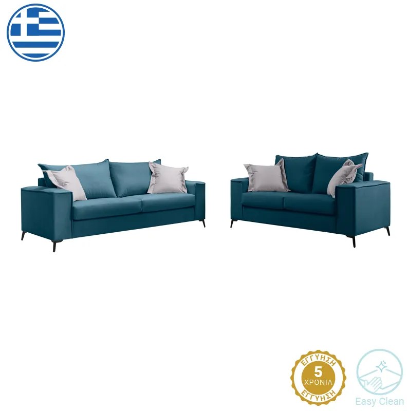 Σετ σαλονιού 2τεμ Verona pakoworld μπλε ύφασμα με μαξιλάρια σε απόχρωση ανοιχτό γκρι