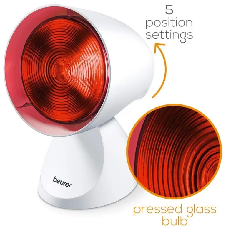 Λαμπτήρας υπερύθρων Beurer IL 21, 150W, 5 ρυθμίσεις κλίσης, Συνεχής λειτουργία, Γυαλιά ασφαλείας, Λευκό