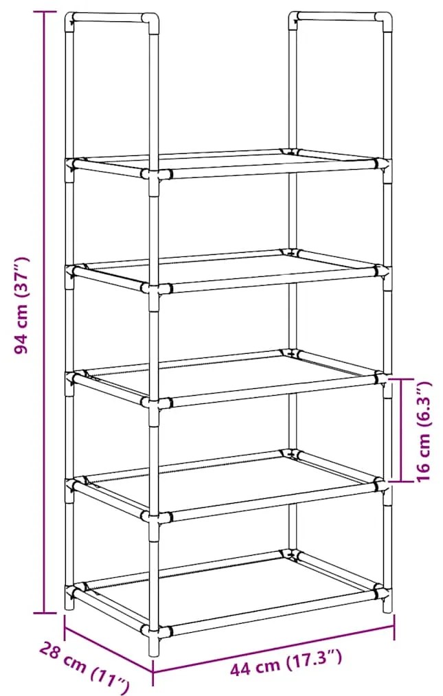 Ράφι παπουτσιών 5 επιπέδων μαύρο 44x28x94 cm μη υφασμένο ύφασμα - Μαύρο