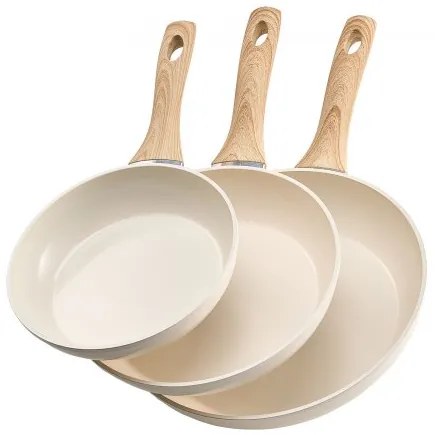 VEVOR 3 Pcs Frying Pan Aluminum Skillet Set 200 240 280 mm Handle Seasoned Beige