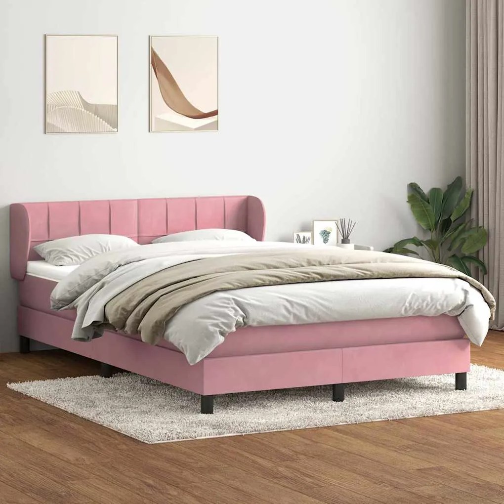 Κρεβάτι Boxspring με Στρώμα Ροζ 140x210 εκ. Βελούδινο