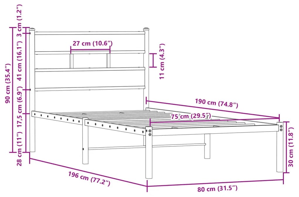 Σκελετός Κρεβατιού Χωρίς Στρώμα Καφέ Δρυς 75x190 εκ. - Καφέ