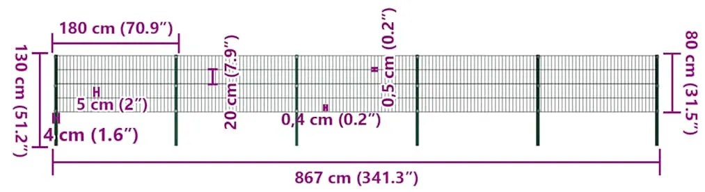 vidaXL Πάνελ Περίφραξης με Στύλους Σιδερένιο Πράσινο 867 x 80 εκ.