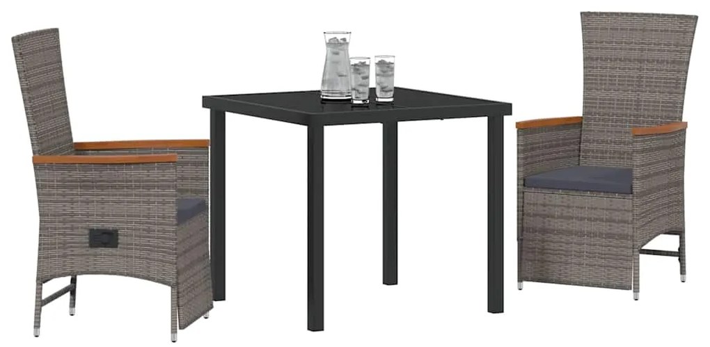 vidaXL Σέτ φαγητού για κήπο με μαξιλάρι 3 pcs Γκρι Πολυ ράταν