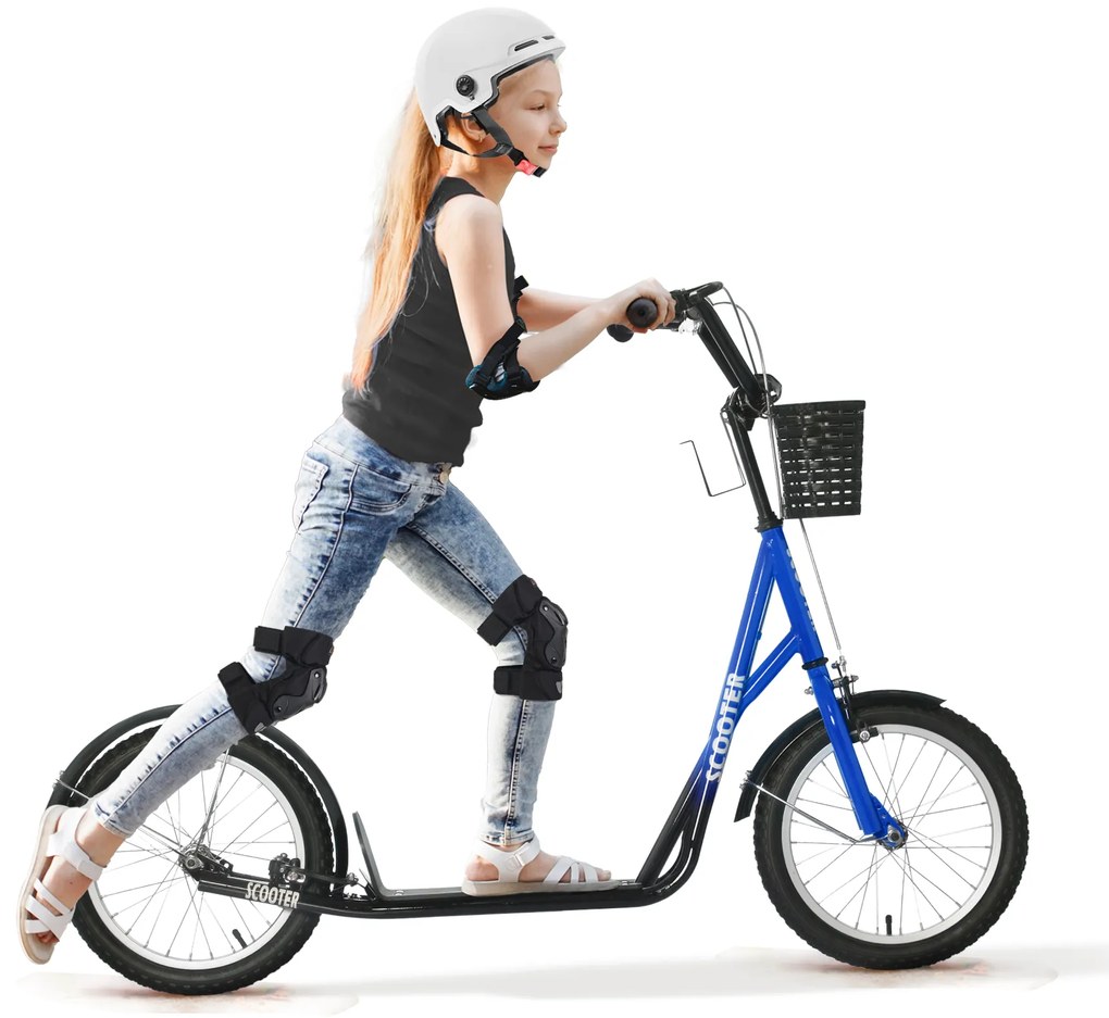 HOMCOM Πατίνι για Παιδιά, Scooter με Φρένο, με Καλάθι, Ρυθμιζόμενο Ύψος, για Παιδιά 5-12 ετών, Μπλε+Μαύρο
